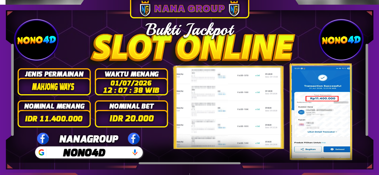 Bukti Kemenangan Besar Dibayar lunas Member NONO4D RP 11.400.000, 1 Juli 2026