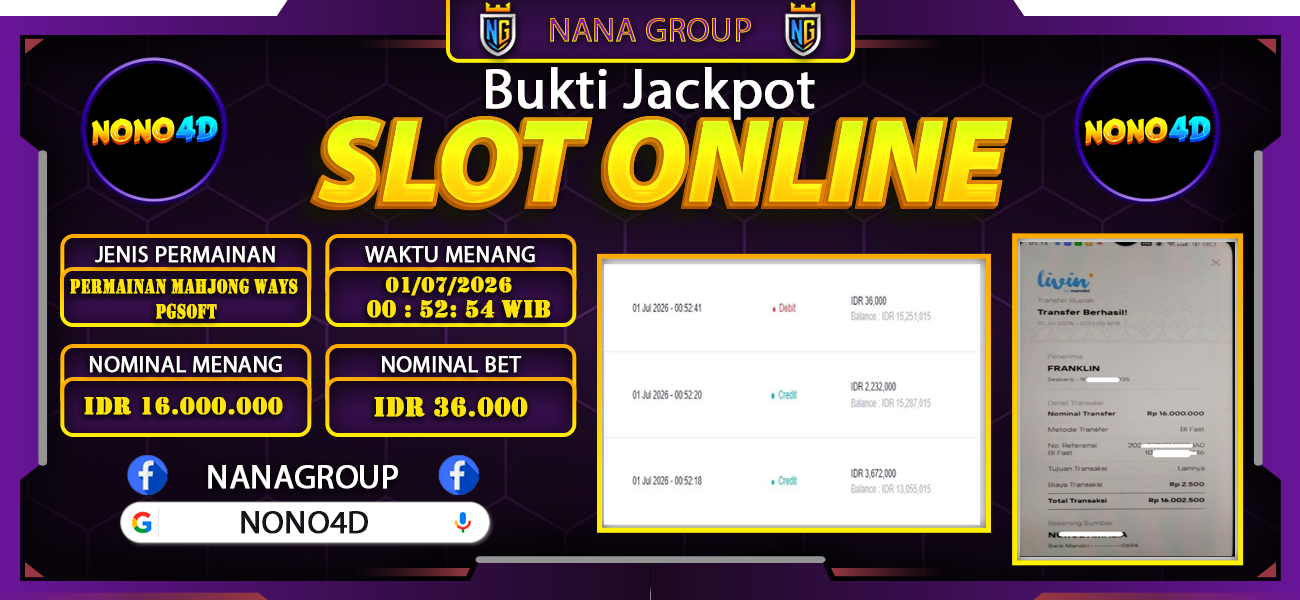Bukti Kemenangan Besar Dibayar lunas Member NONO4D RP 16.000.000, 1 Juli 2026