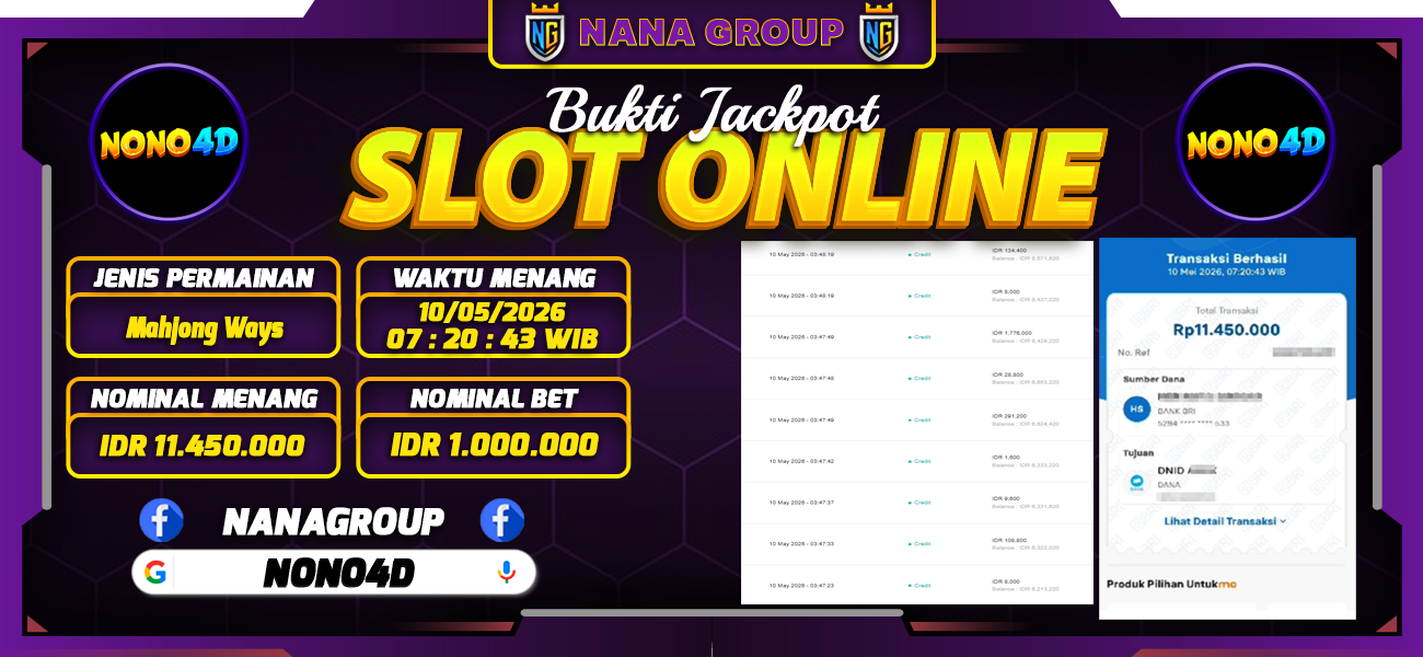 Bukti Kemenangan Besar Dibayar lunas Member NONO4D RP 11.450.000, 10 Mei 2026