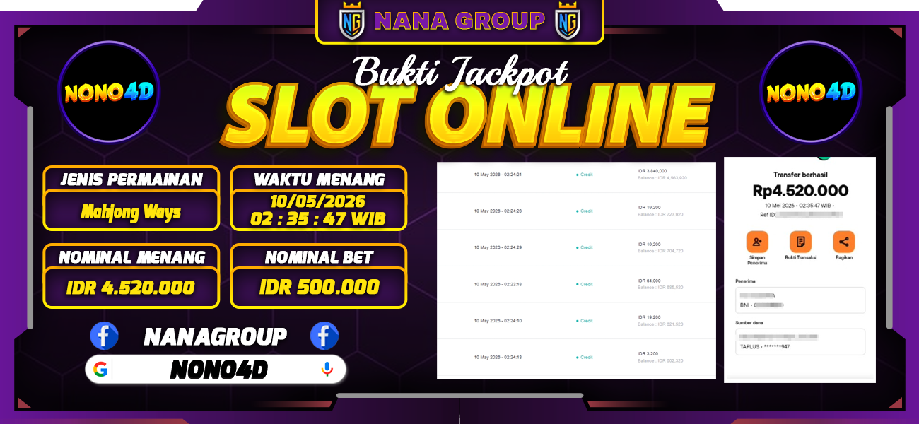 Bukti Kemenangan Besar Dibayar lunas Member NONO4D RP 4.520.000, 3 Mei 2026