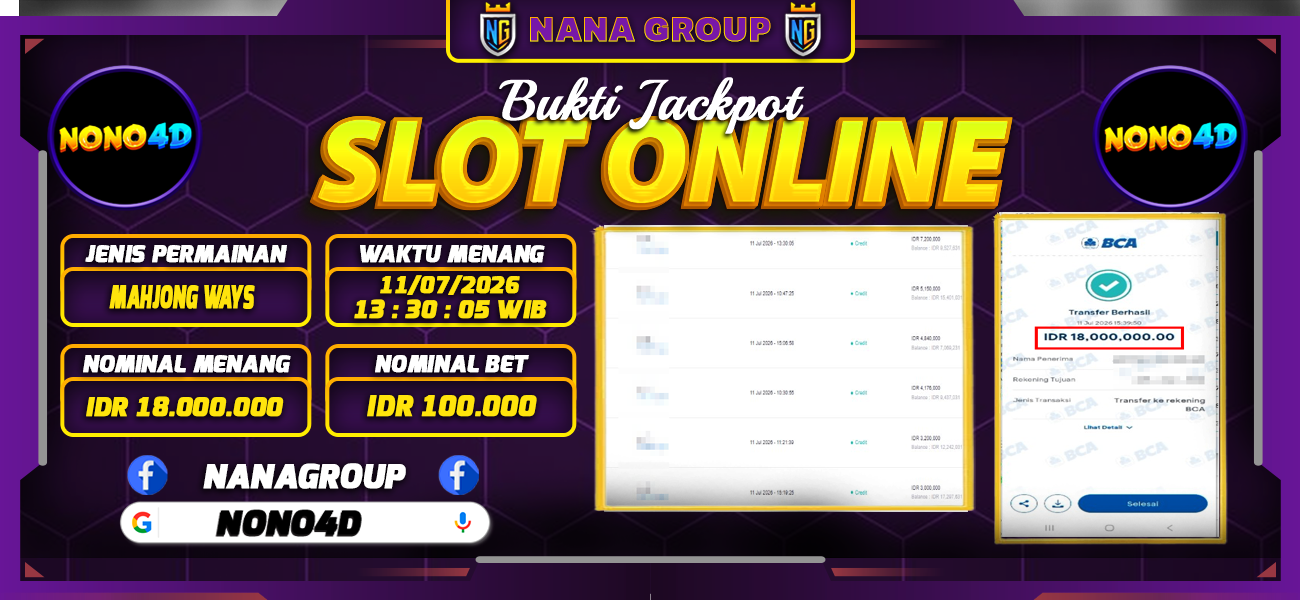 Bukti Kemenangan Besar Dibayar lunas Member NONO4D RP 18.000.000, 12 Juli 2026