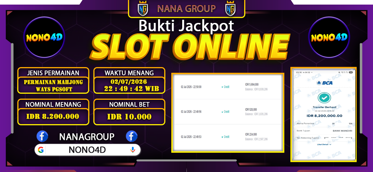 Bukti Kemenangan Besar Dibayar lunas Member NANA4D RP 8.200.000, 3 Juli 2026