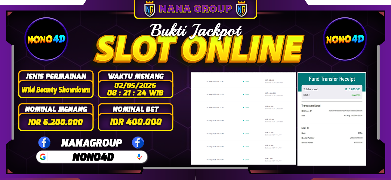 Bukti Kemenangan Besar Dibayar lunas Member NONO4D RP 6.200.000, 3 Mei 2026