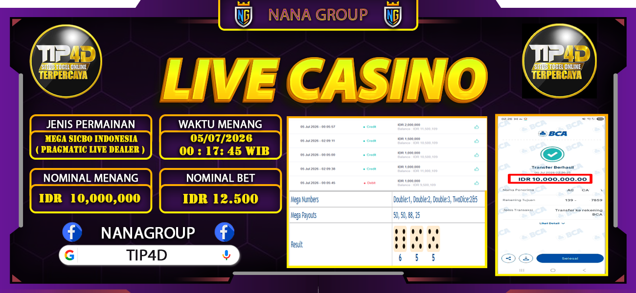 Bukti Kemenangan Besar Dibayar lunas Member TIP4D RP 10.000.000, 5 Juli 2026