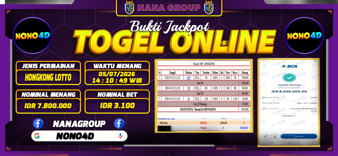 Bukti Kemenangan Besar Dibayar lunas Member NONO4D RP 7.800.000, 6 Juli 2026