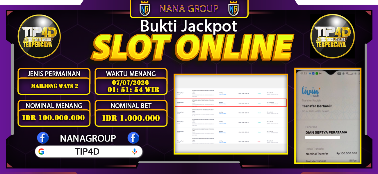 Bukti Kemenangan Besar Dibayar lunas Member TIP4D RP 100.000.000, 7 Juli 2026