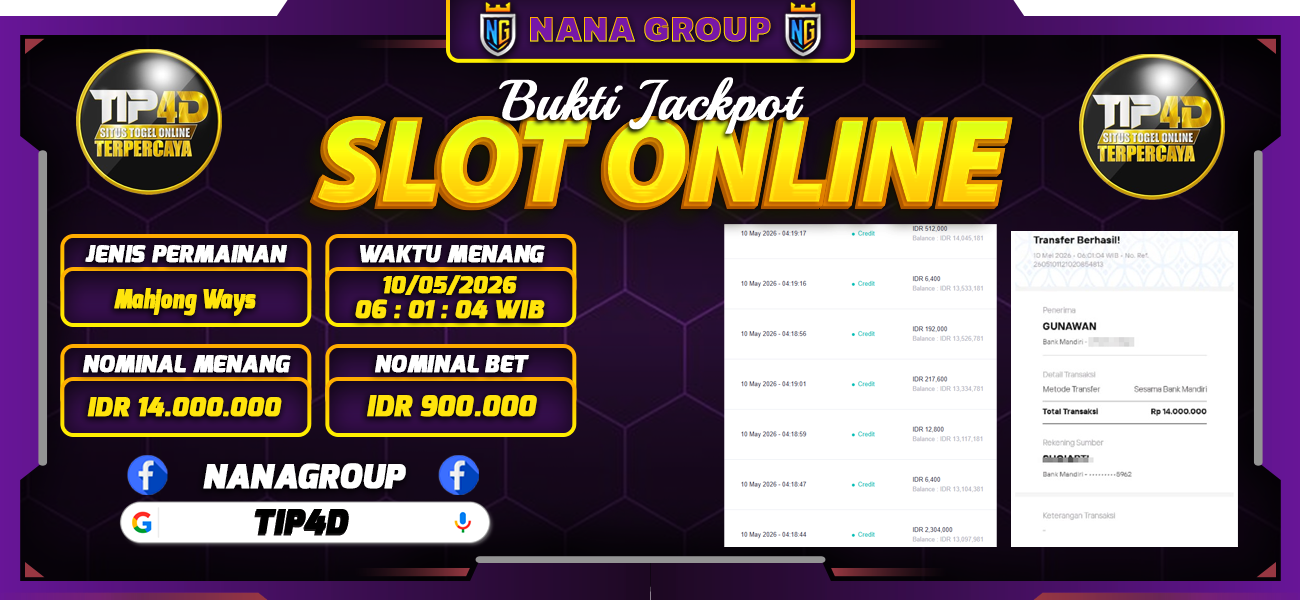 Bukti Kemenangan Besar Dibayar lunas Member TIP4D RP 14.000.000, 5 Mei 2026