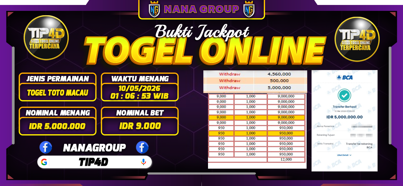 Bukti Kemenangan Besar Dibayar lunas Member TIP4D RP 5.000.000, 5 Mei 2026